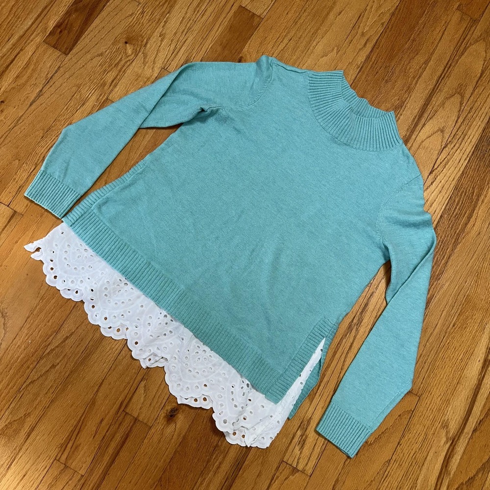 Talbots Sweater S Blue Mock Neck Eyelet Hem Pullover Lagenlook Layered Coastal - Picture 2 of 7